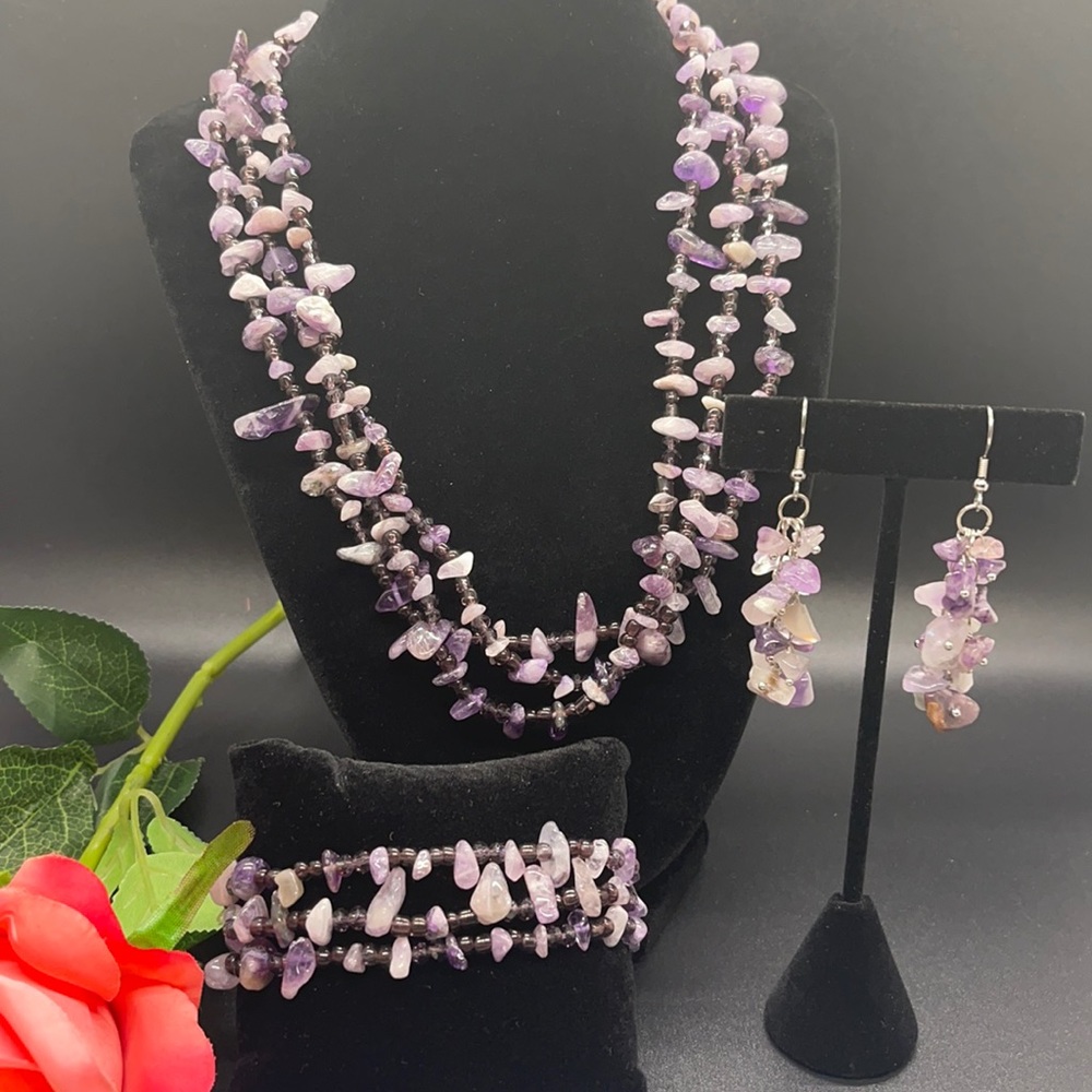 Natural Amethyst Necklace Earring and Bracelet set